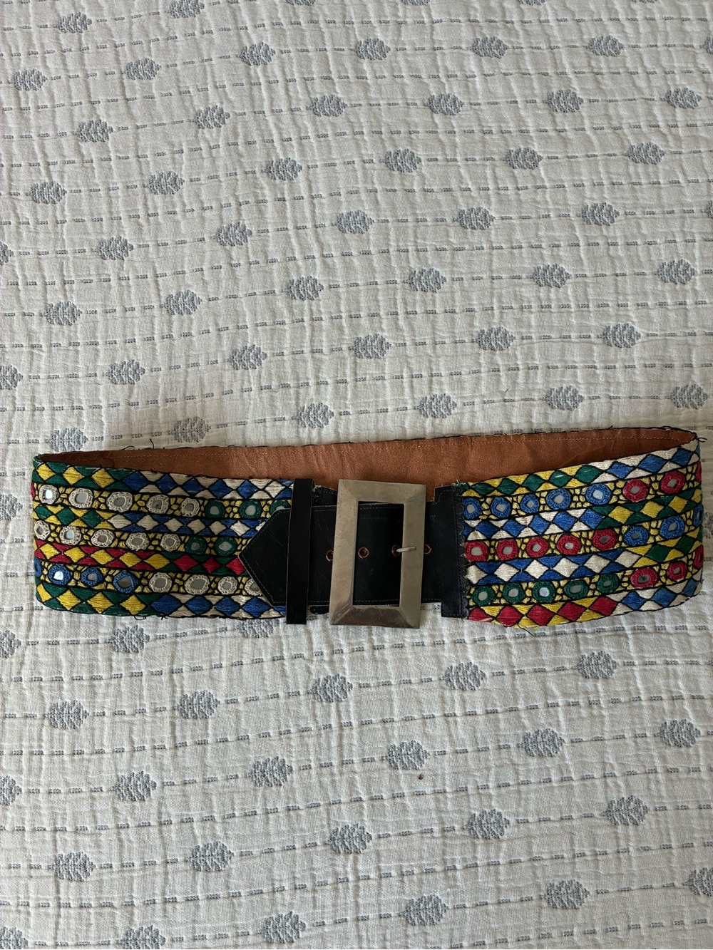 Vintage Embroidered Mirror Leather Boho Hippie Belt
